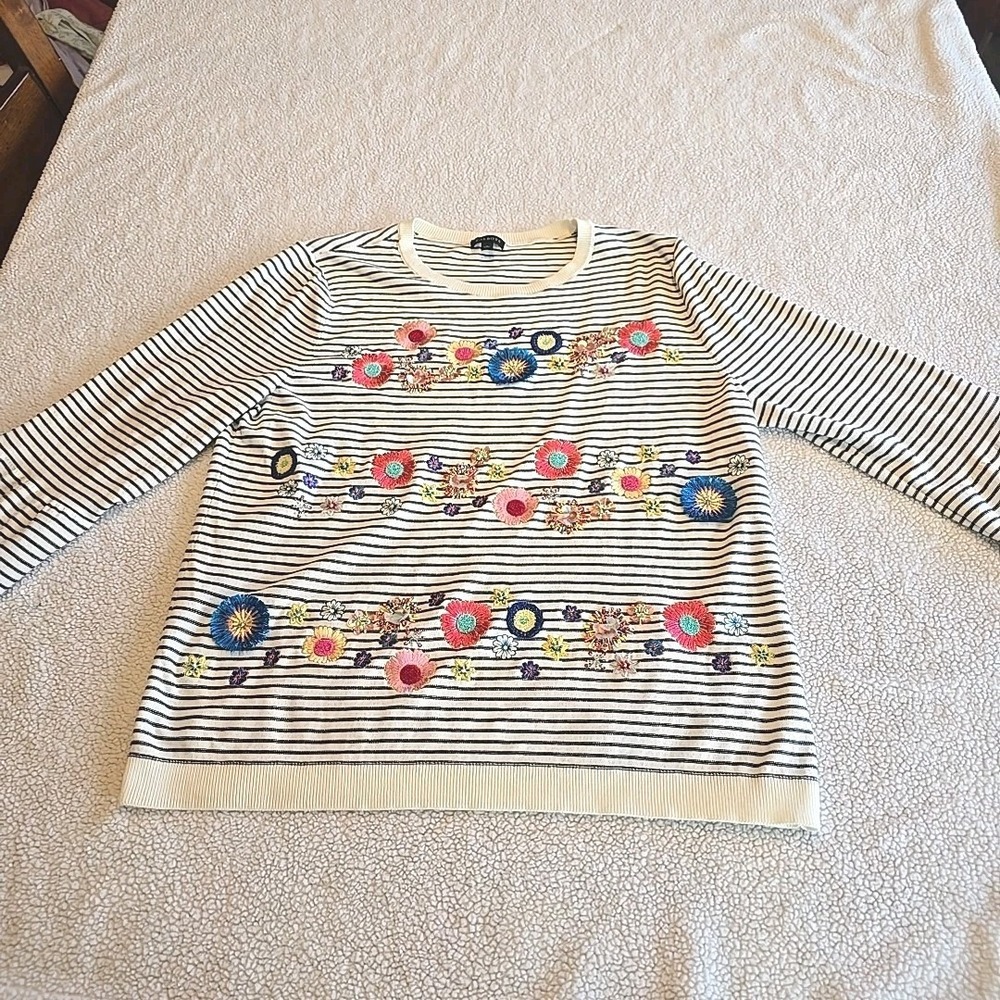 Talbots Women's L Striped 3/4 Sleeve Floral Embroidered Beads Boho Hippie Shirt - Picture 10 of 16